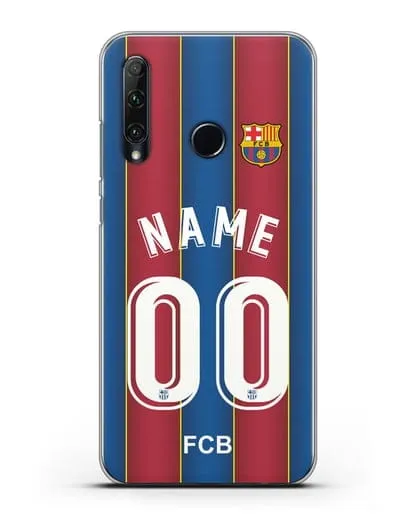 Именной чехол ФК Барселона с фамилией и номером (сезон 2020-2021) домашняя форма силиконовый для Honor 20e