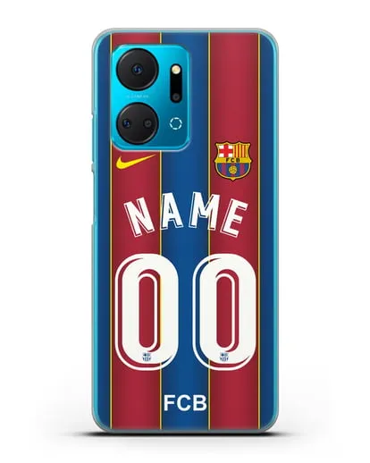 Именной чехол ФК Барселона с фамилией и номером (сезон 2020-2021) домашняя форма силиконовый для Honor X7a Plus