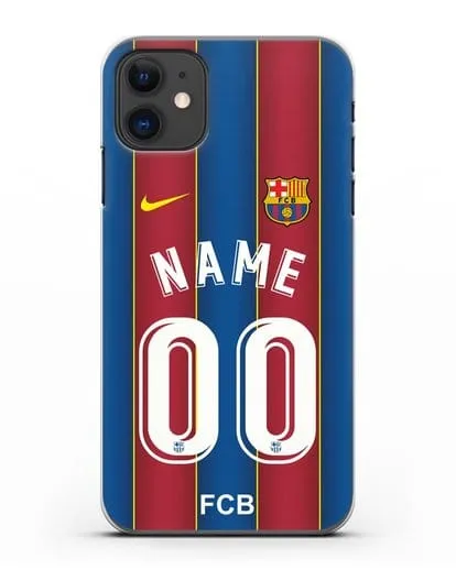 Именной чехол ФК Барселона с фамилией и номером (сезон 2020-2021) домашняя форма силиконовый для iPhone 11