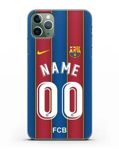 Именной чехол ФК Барселона с фамилией и номером (сезон 2020-2021) домашняя форма силиконовый для iPhone 11 Pro