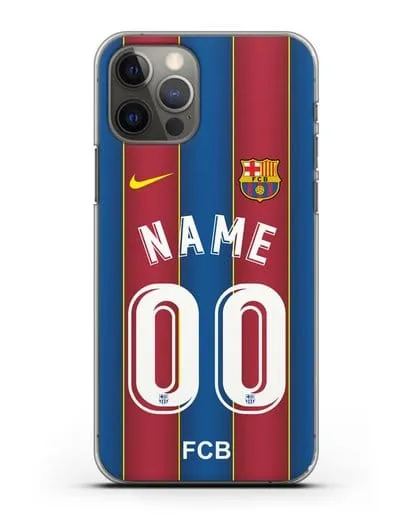 Именной чехол ФК Барселона с фамилией и номером (сезон 2020-2021) домашняя форма силиконовый для iPhone 12 Pro