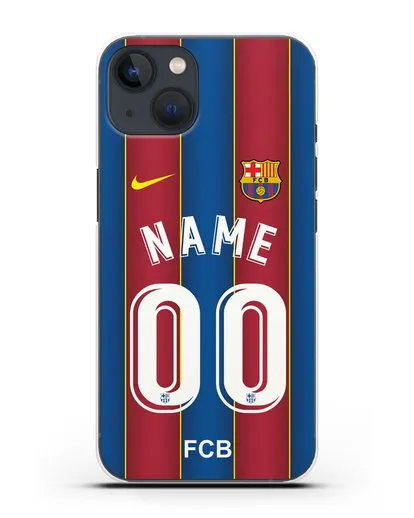 Именной чехол ФК Барселона с фамилией и номером (сезон 2020-2021) домашняя форма силиконовый для iPhone 13