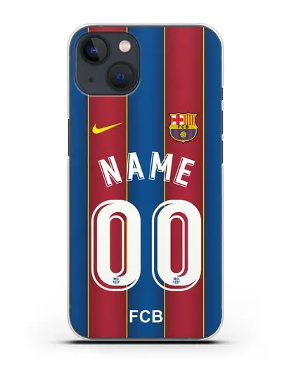 Именной чехол ФК Барселона с фамилией и номером (сезон 2020-2021) домашняя форма силиконовый для iPhone 13 Mini