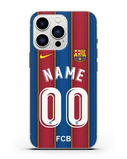 Именной чехол ФК Барселона с фамилией и номером (сезон 2020-2021) домашняя форма силиконовый для iPhone 13 Pro