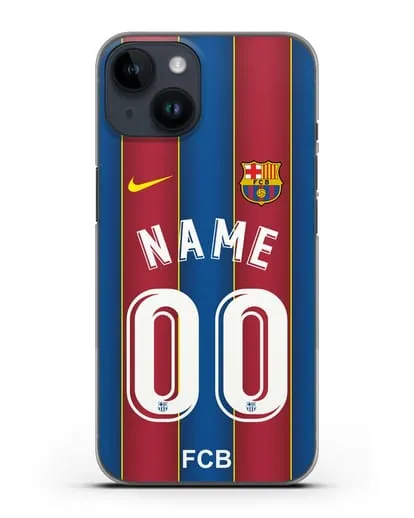Именной чехол ФК Барселона с фамилией и номером (сезон 2020-2021) домашняя форма силиконовый для iPhone 14