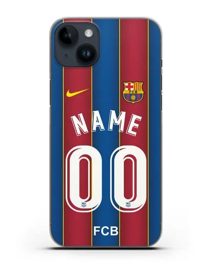 Именной чехол ФК Барселона с фамилией и номером (сезон 2020-2021) домашняя форма силиконовый для iPhone 14 Plus