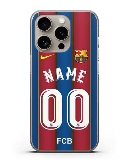 Именной чехол ФК Барселона с фамилией и номером (сезон 2020-2021) домашняя форма силиконовый для iPhone 15 Pro