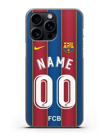 Именной чехол ФК Барселона с фамилией и номером (сезон 2020-2021) домашняя форма силиконовый для iPhone 15 Pro Max