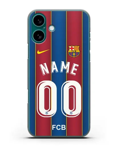 Именной чехол ФК Барселона с фамилией и номером (сезон 2020-2021) домашняя форма силиконовый для iPhone 16 Plus