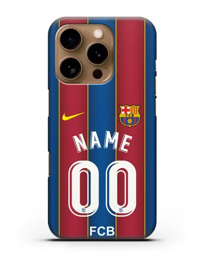 Именной чехол ФК Барселона с фамилией и номером (сезон 2020-2021) домашняя форма силиконовый для iPhone 16 Pro