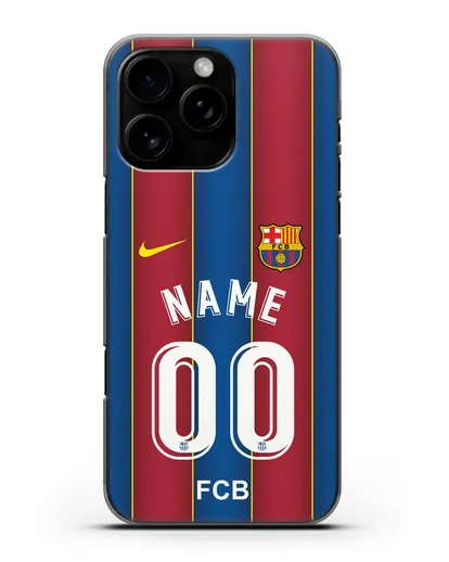 Именной чехол ФК Барселона с фамилией и номером (сезон 2020-2021) домашняя форма силиконовый для iPhone 16 Pro Max