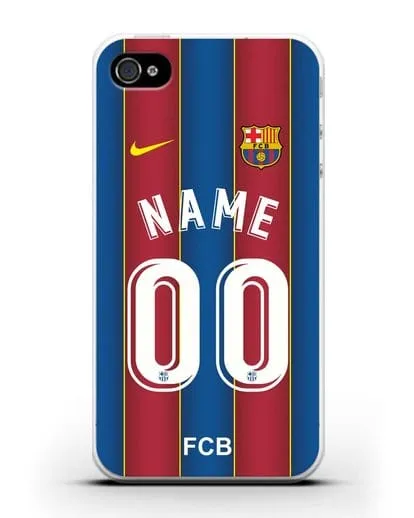 Именной чехол ФК Барселона с фамилией и номером (сезон 2020-2021) домашняя форма силиконовый для iPhone 4/4s