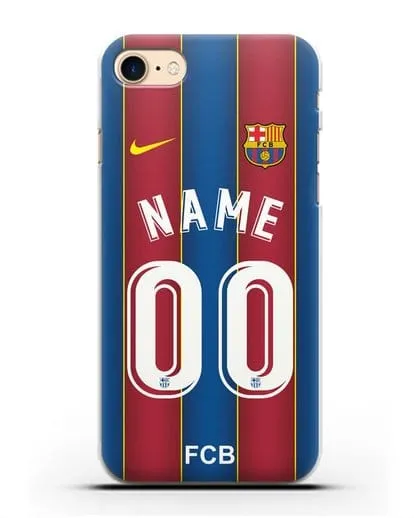 Именной чехол ФК Барселона с фамилией и номером (сезон 2020-2021) домашняя форма силиконовый для iPhone 8