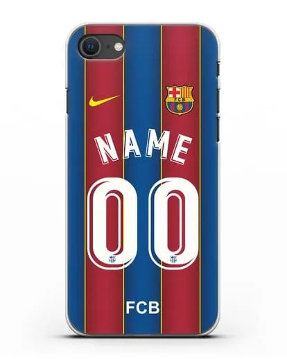 Именной чехол ФК Барселона с фамилией и номером (сезон 2020-2021) домашняя форма силиконовый для iPhone SE 2020