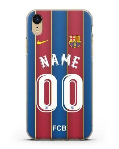 Именной чехол ФК Барселона с фамилией и номером (сезон 2020-2021) домашняя форма силиконовый для iPhone XR