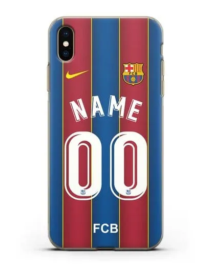 Именной чехол ФК Барселона с фамилией и номером (сезон 2020-2021) домашняя форма силиконовый для iPhone XS Max