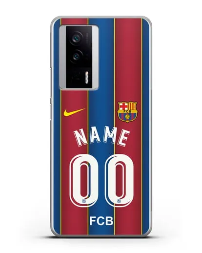 Именной чехол ФК Барселона с фамилией и номером (сезон 2020-2021) домашняя форма силиконовый для Xiaomi Poco F5 Pro