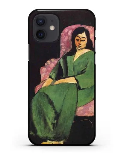 Чехол Лоретта в зеленой одежде на черном фоне (Матисс Анри) силиконовый для iPhone 12