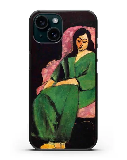 Чехол Лоретта в зеленой одежде на черном фоне (Матисс Анри) силиконовый для iPhone 15