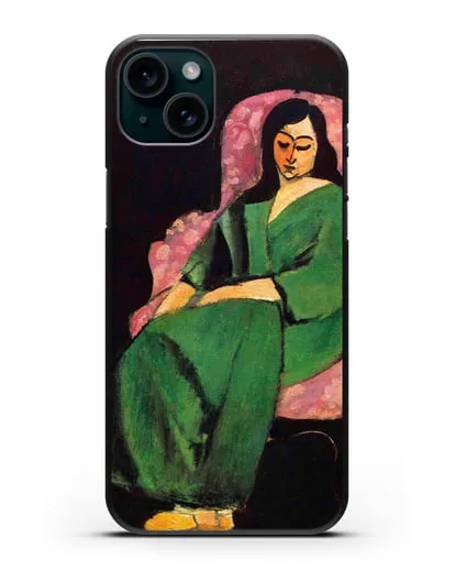 Чехол Лоретта в зеленой одежде на черном фоне (Матисс Анри) силиконовый для iPhone 15 Plus