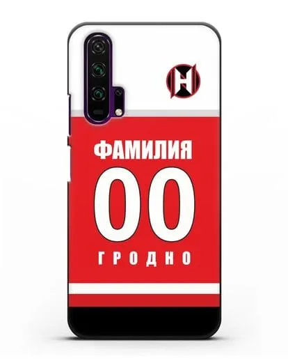 Именной чехол ХК Неман Гродно с фамилией и номером (сезон 2018-2019) красная форма силиконовый для Honor 20 Pro