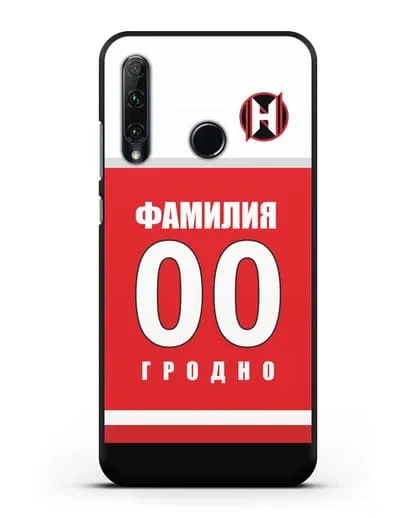 Именной чехол ХК Неман Гродно с фамилией и номером (сезон 2018-2019) красная форма силиконовый для Honor 20e