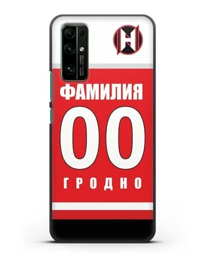 Именной чехол ХК Неман Гродно с фамилией и номером (сезон 2018-2019) красная форма силиконовый для Honor 30
