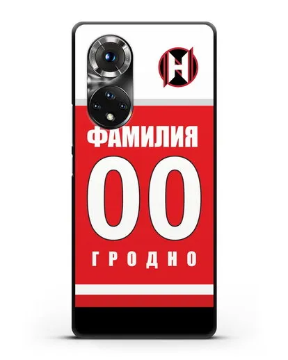 Именной чехол ХК Неман Гродно с фамилией и номером (сезон 2018-2019) красная форма силиконовый для Honor 50