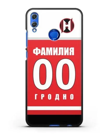 Именной чехол ХК Неман Гродно с фамилией и номером (сезон 2018-2019) красная форма силиконовый для Honor 8X