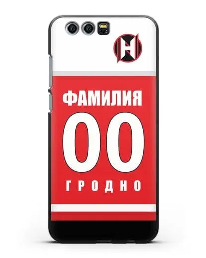 Именной чехол ХК Неман Гродно с фамилией и номером (сезон 2018-2019) красная форма силиконовый для Honor 9