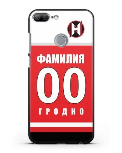 Именной чехол ХК Неман Гродно с фамилией и номером (сезон 2018-2019) красная форма силиконовый для Honor 9 Lite