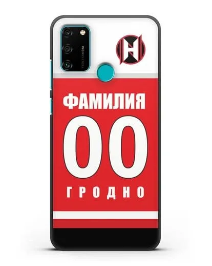 Именной чехол ХК Неман Гродно с фамилией и номером (сезон 2018-2019) красная форма силиконовый для Honor 9A
