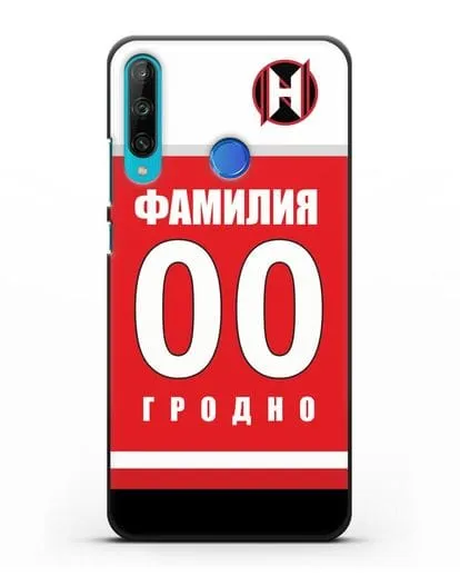 Именной чехол ХК Неман Гродно с фамилией и номером (сезон 2018-2019) красная форма силиконовый для Honor 9C