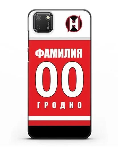 Именной чехол ХК Неман Гродно с фамилией и номером (сезон 2018-2019) красная форма силиконовый для Honor 9S