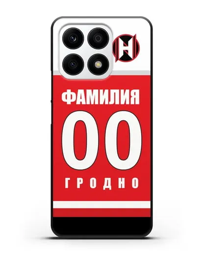 Именной чехол ХК Неман Гродно с фамилией и номером (сезон 2018-2019) красная форма силиконовый для Honor X8a
