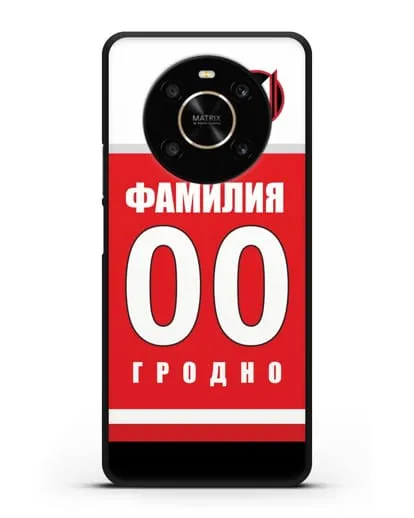 Именной чехол ХК Неман Гродно с фамилией и номером (сезон 2018-2019) красная форма силиконовый для Honor X9