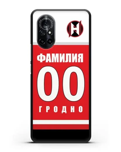 Именной чехол ХК Неман Гродно с фамилией и номером (сезон 2018-2019) красная форма силиконовый для Huawei Nova 8