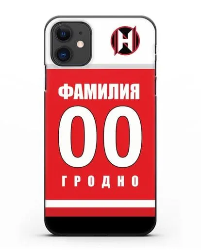 Именной чехол ХК Неман Гродно с фамилией и номером (сезон 2018-2019) красная форма силиконовый для iPhone 11