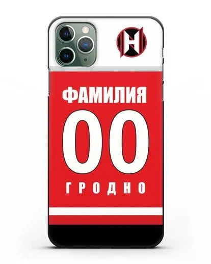 Именной чехол ХК Неман Гродно с фамилией и номером (сезон 2018-2019) красная форма силиконовый для iPhone 11 Pro Max