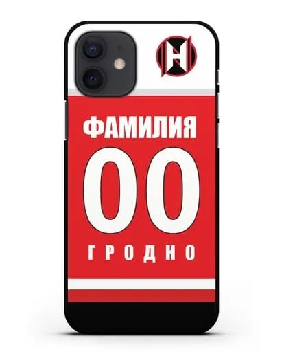 Именной чехол ХК Неман Гродно с фамилией и номером (сезон 2018-2019) красная форма силиконовый для iPhone 12