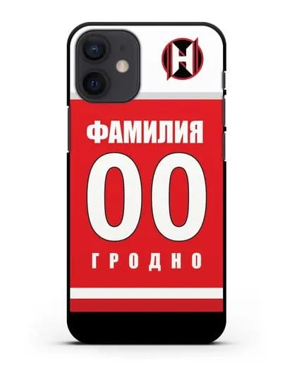 Именной чехол ХК Неман Гродно с фамилией и номером (сезон 2018-2019) красная форма силиконовый для iPhone 12 mini