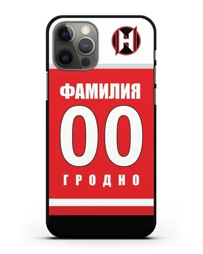 Именной чехол ХК Неман Гродно с фамилией и номером (сезон 2018-2019) красная форма силиконовый для iPhone 12 Pro