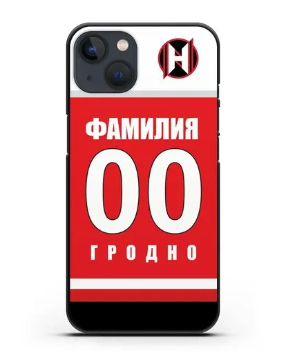 Именной чехол ХК Неман Гродно с фамилией и номером (сезон 2018-2019) красная форма силиконовый для iPhone 13 Mini