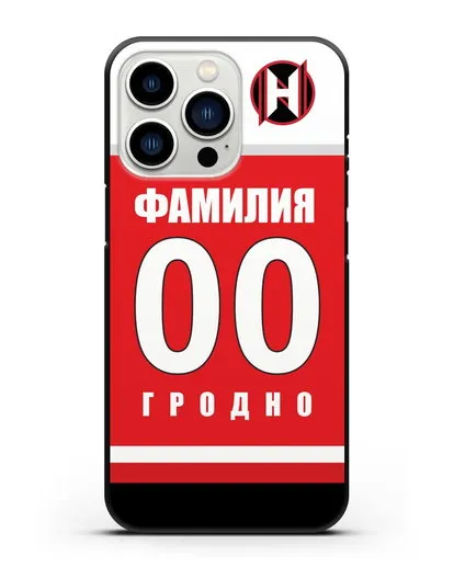 Именной чехол ХК Неман Гродно с фамилией и номером (сезон 2018-2019) красная форма силиконовый для iPhone 13 Pro