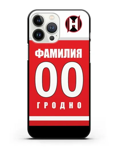 Именной чехол ХК Неман Гродно с фамилией и номером (сезон 2018-2019) красная форма силиконовый для iPhone 13 Pro Max