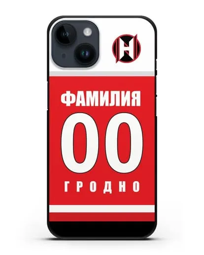 Именной чехол ХК Неман Гродно с фамилией и номером (сезон 2018-2019) красная форма силиконовый для iPhone 14