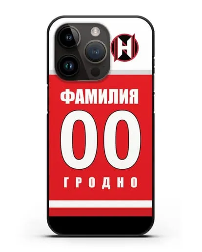 Именной чехол ХК Неман Гродно с фамилией и номером (сезон 2018-2019) красная форма силиконовый для iPhone 14 Pro