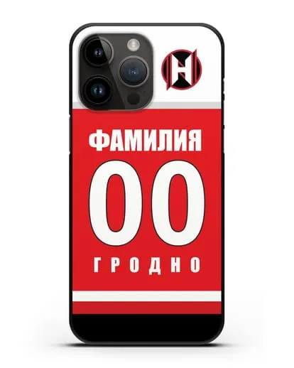 Именной чехол ХК Неман Гродно с фамилией и номером (сезон 2018-2019) красная форма силиконовый для iPhone 14 Pro Max