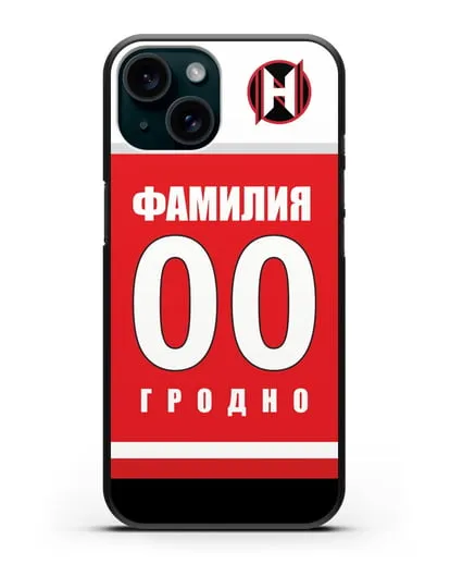 Именной чехол ХК Неман Гродно с фамилией и номером (сезон 2018-2019) красная форма силиконовый для iPhone 15