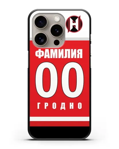 Именной чехол ХК Неман Гродно с фамилией и номером (сезон 2018-2019) красная форма силиконовый для iPhone 15 Pro